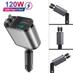 Chargeur de Voiture Rapide USB + Type-C avec Câble Extensible